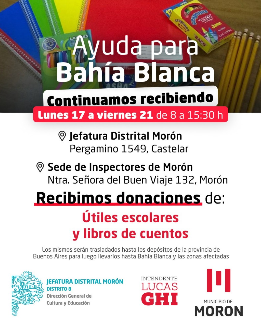 Morón continúa con la campaña solidaria para los damnificados por las inundaciones en Bahía Blanca