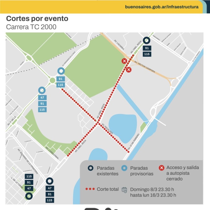 Cortes y desv&iacute;os por el TC 2000: qu&eacute; calles estar&aacute;n afectadas desde este domingo