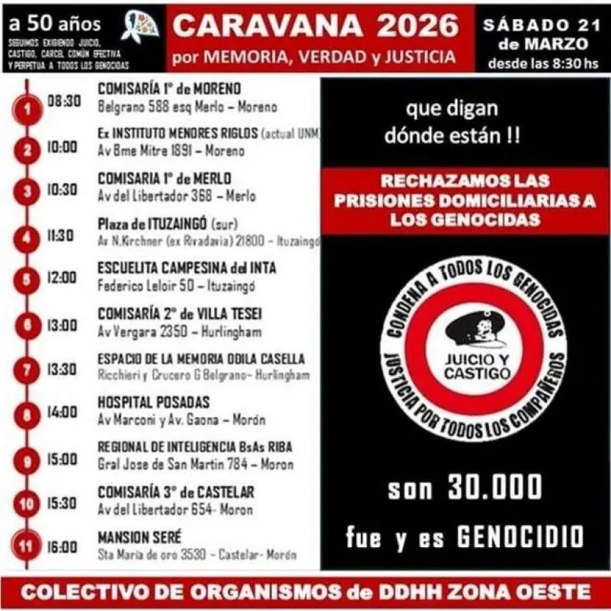 Caravana por la Memoria, Verdad y Justicia recorrer&aacute; Zona Oeste a 50 a&ntilde;os del golpe