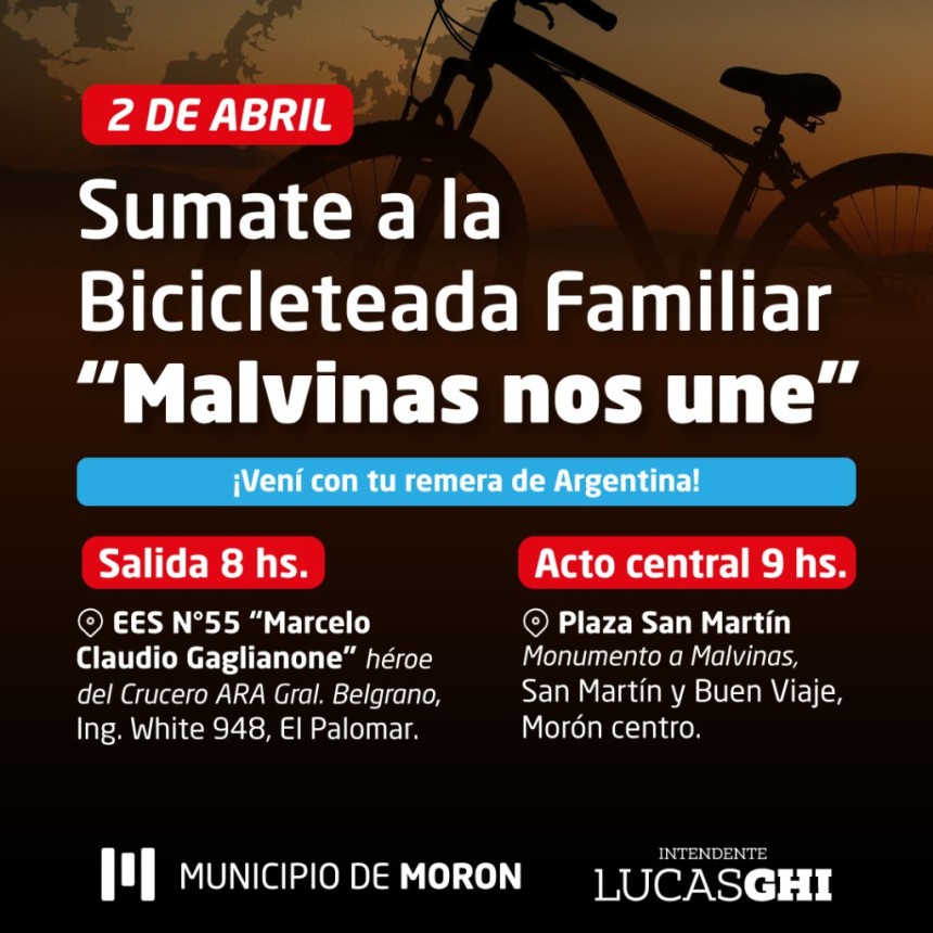 Una bicicleteada por Malvinas: el recorrido de 4 km que unir&aacute; memoria y homenaje en Mor&oacute;n