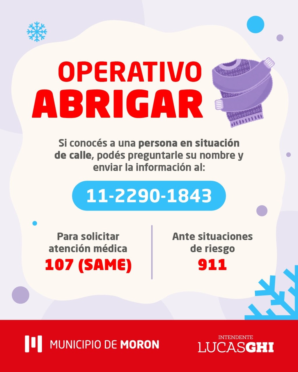 Mor&oacute;n refuerza la asistencia a personas en situaci&oacute;n de calle con el regreso del Operativo Abrigar