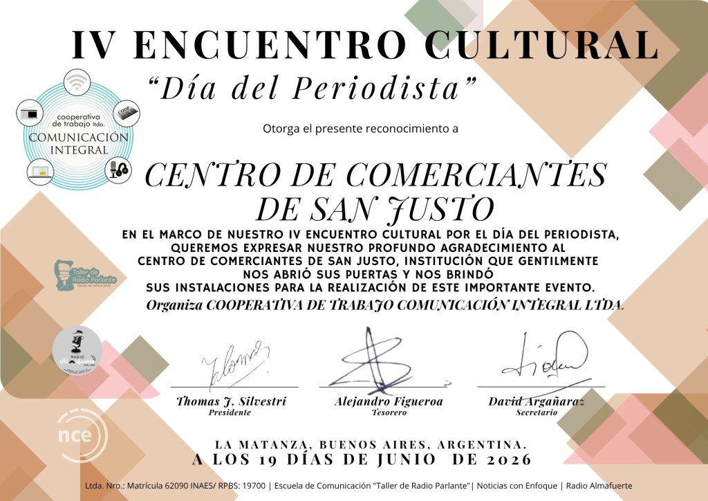 Agradecimiento al Centro de Comerciantes de San Justo