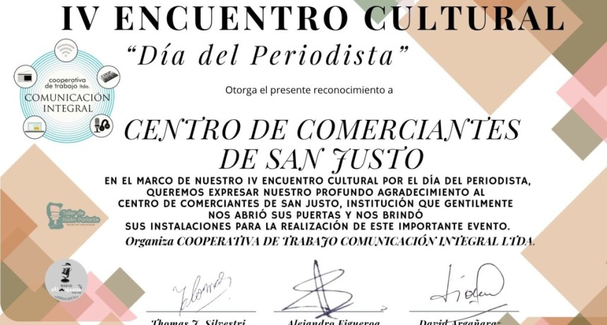 Agradecimiento al Centro de Comerciantes de San Justo