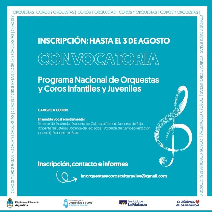 Abrió la convocatoria para cubrir cargos en el nuevo “Ensamble Vocal e Instrumental” en La Matanza