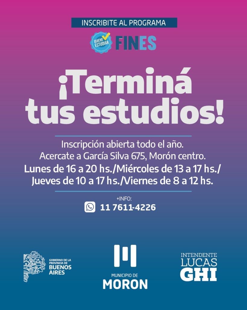 Morón convoca a mayores de 18 años a inscribirse al Plan FinEs para terminar sus estudios