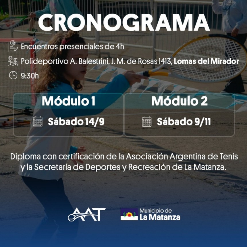 La Matanza lanza capacitación gratuita en tenis con apoyo de la Asociación Argentina de Tenis