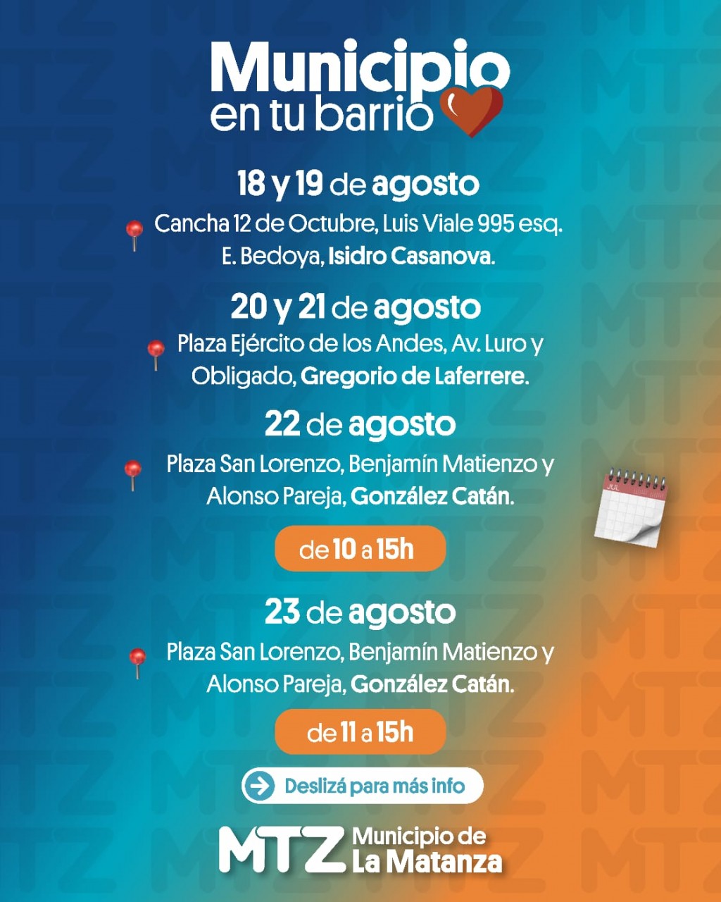 Municipio en tu Barrio ofrece servicios sin costo en Laferrere, Casanova y González Catán