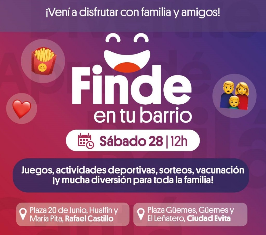 Finde en tu barrio llega a Ciudad Evita y Rafael Castillo