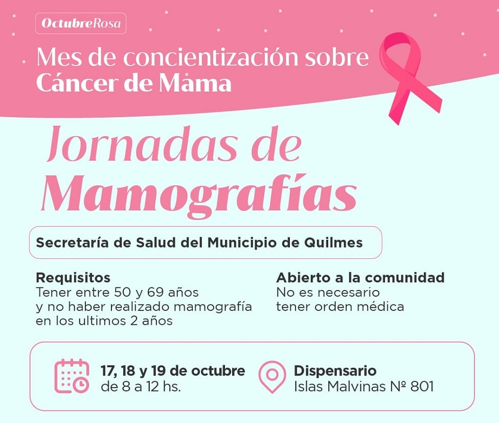 Quilmes: Jornadas de mamografías gratuitas y actividades por el Mes de Concientización sobre el Cáncer de Mama