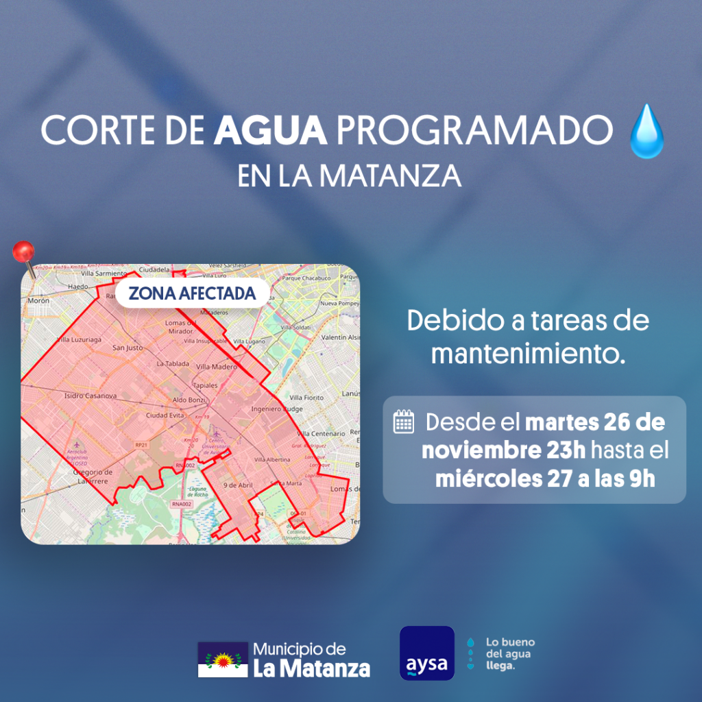 Corte programado de agua en La Matanza: localidades afectadas y recomendaciones