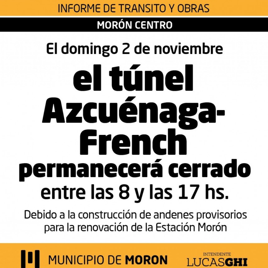 Morón: corte total en el túnel Azcuénaga-French por las obras en la estación de tren