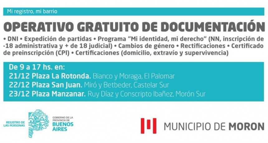 El Municipio de Morón acompañará el operativo de documentación de la Provincia “Mi registro, mi barrio”